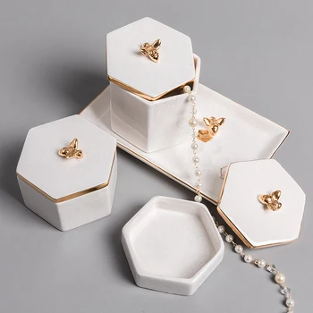 

Nordic Luxury Ceramic Jewelry Cosmetics Storage Box Fruit Snack Plate Crafts Decoration Modern Home Dressing Table Decorationbox
