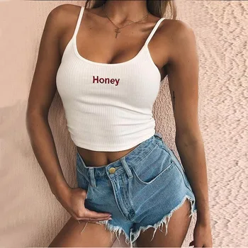 

2020 Summer Honey Letter Embroidery Strap Tank Tops Cropped Feminino Ladies Elastic Shirt Vest Camisole Sexy Women Crop Top