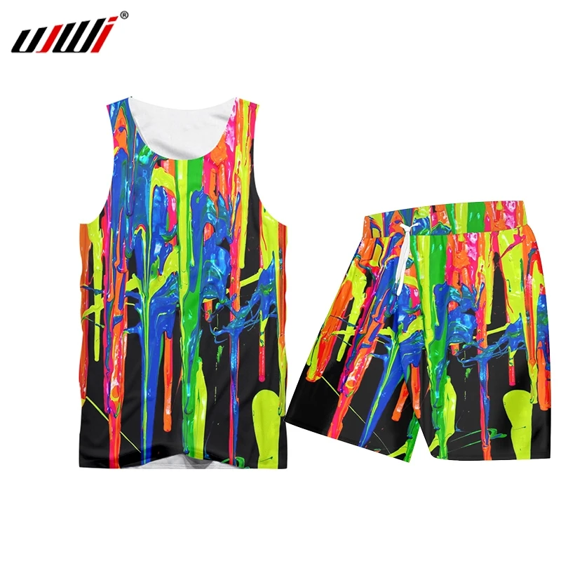 UJWI Summer 2 Piece Set Black Rainbow paint Short Sleeve Print Tank Tops Shorts Mens Sets Gym Sleeveless Hoodie Tee Set S-6XL