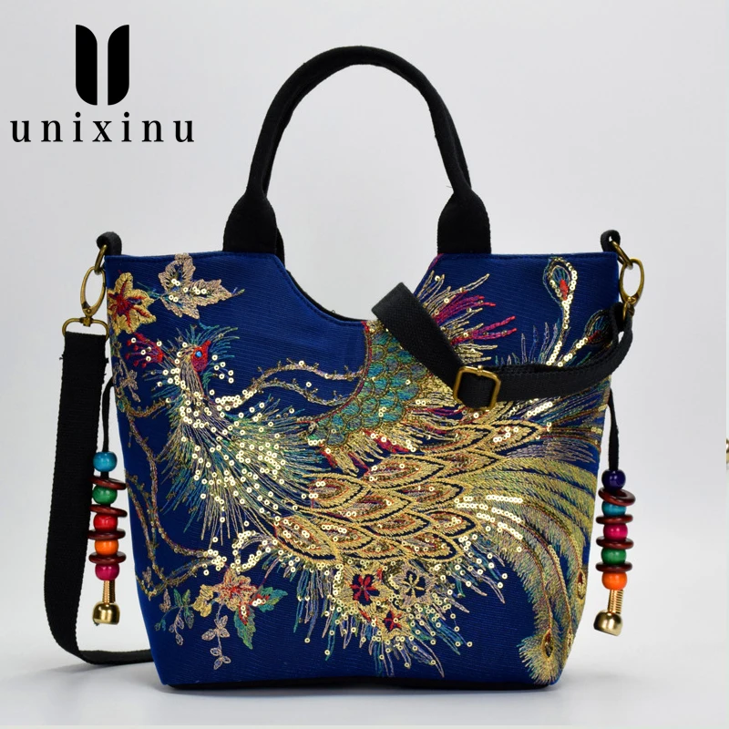 

2019 new bag ethnic style embroidered Bag canvas peacock embroidered New women bag single shoulder handBag Women