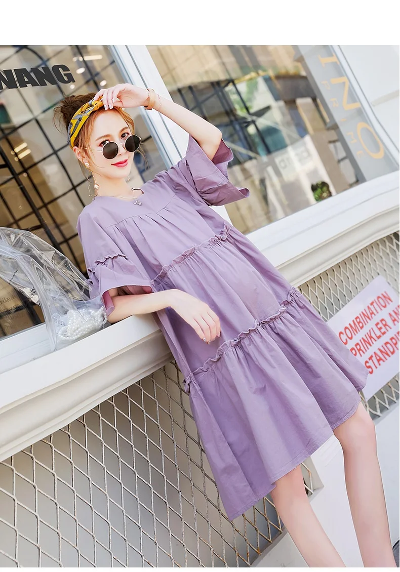 Maternity Summer New Korean Loose Cotton Fungus Round Neck Short Sleeve Mid-length Solid Color Dress | Мать и ребенок
