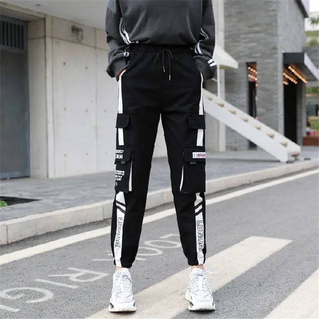 NEW 2020 HOT Women'Pants High Waist pants Big Pockets Cargo pants Baggy Tactical Trouser Loose Streetwear hip hop joggers pants 206 white