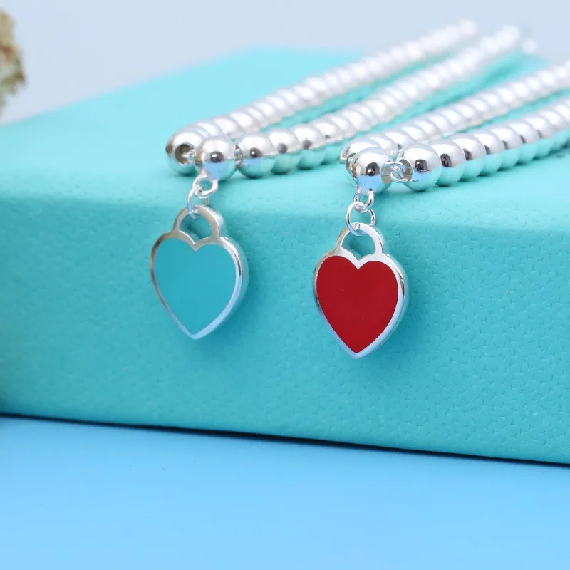Billig TF Tiffany Armbänder Emaille Herz Anhänger 925 Silber Perlen Armband Blau Rosa Herz Form frauen Geburtstag Geschenk