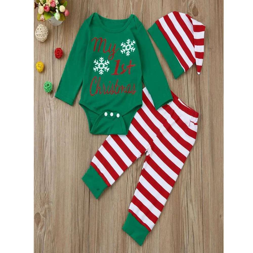 

Baby Boy Girl Clothes Set Newborn Infant Long Sleeve Romper Tops+Striped Pants+Hat Christmas Outfits Set vetement bebe garcon