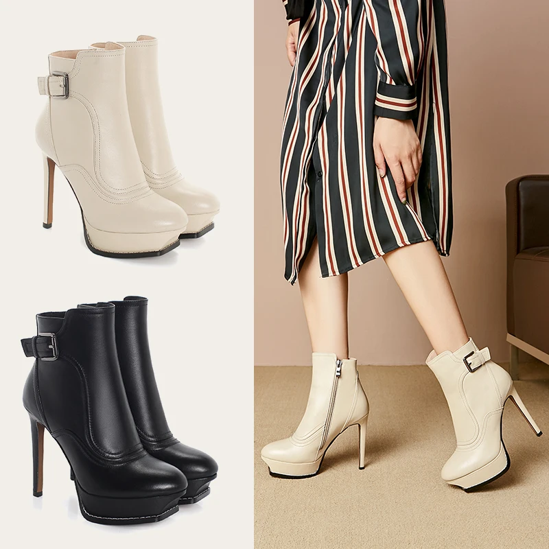 

genuine leather boots round toe stiletto super high heel belt buckle waterproof platform 11.5cm short plush women winter boots