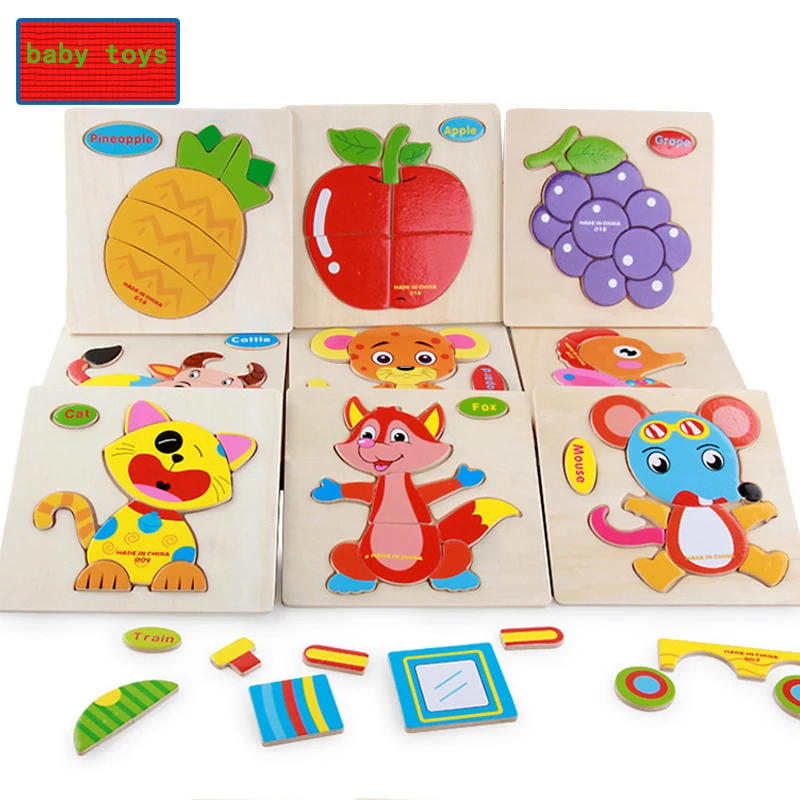 Baby Toys Wooden Puzzle Cute Cartoon Animal Intelligence Kids Educational Brain Teaser Children Tangram Shapes Jigsaw Gifts