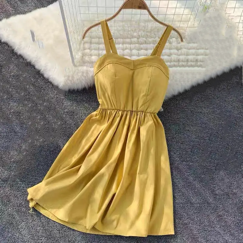 Yellow Marwin/Новинка года; летнее Однотонное Платье До Колена на бретельках без бретелек; уличные праздничные платья в стиле ампир - Цвет: Yellow