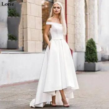 

Lorie 2019 Boho Wedding Dress with Pocket Hi-Lo Bride Dresses Vestido de novia Satin Off The Shoulder Elegant Wedding Gown