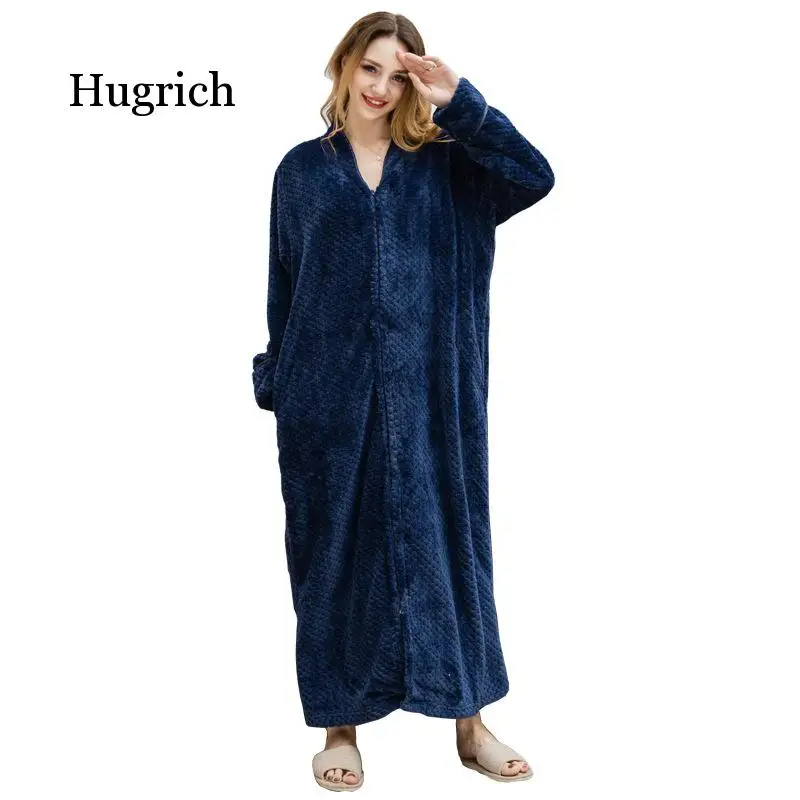 Women Autumn Winter New Zipper Shellfish Velvet Bathrobe Plus Increase Nightgown Men Thickening Pajamas Flannel Home Service