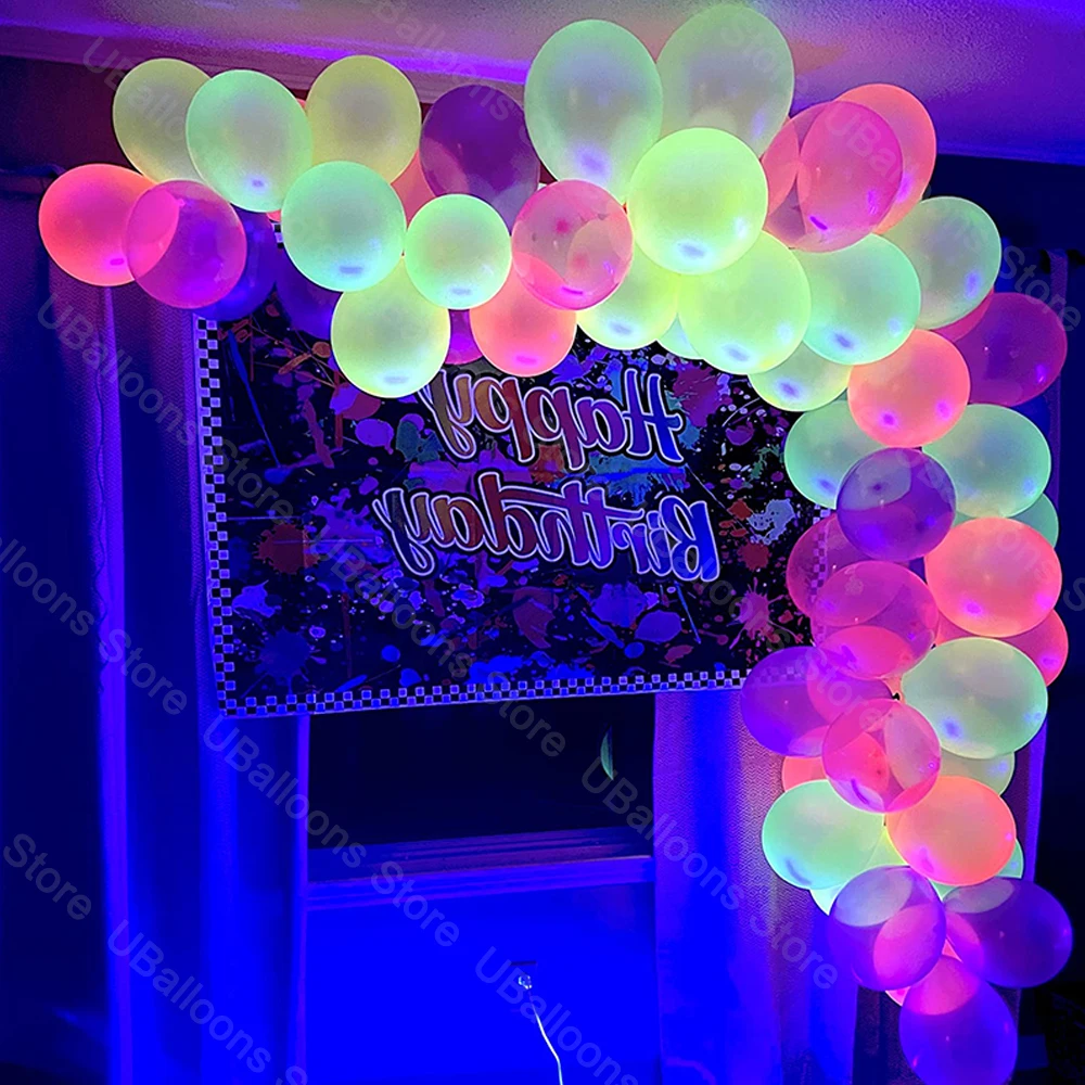 1 Set Neon-Geburtstagsballons mit Bogen, UV-leuchtendes Schwarzlicht, Latex, Globos, Neon-Luftballons, Girlande für Geburtstagsparty-Dekorationszubehör – Detail 12