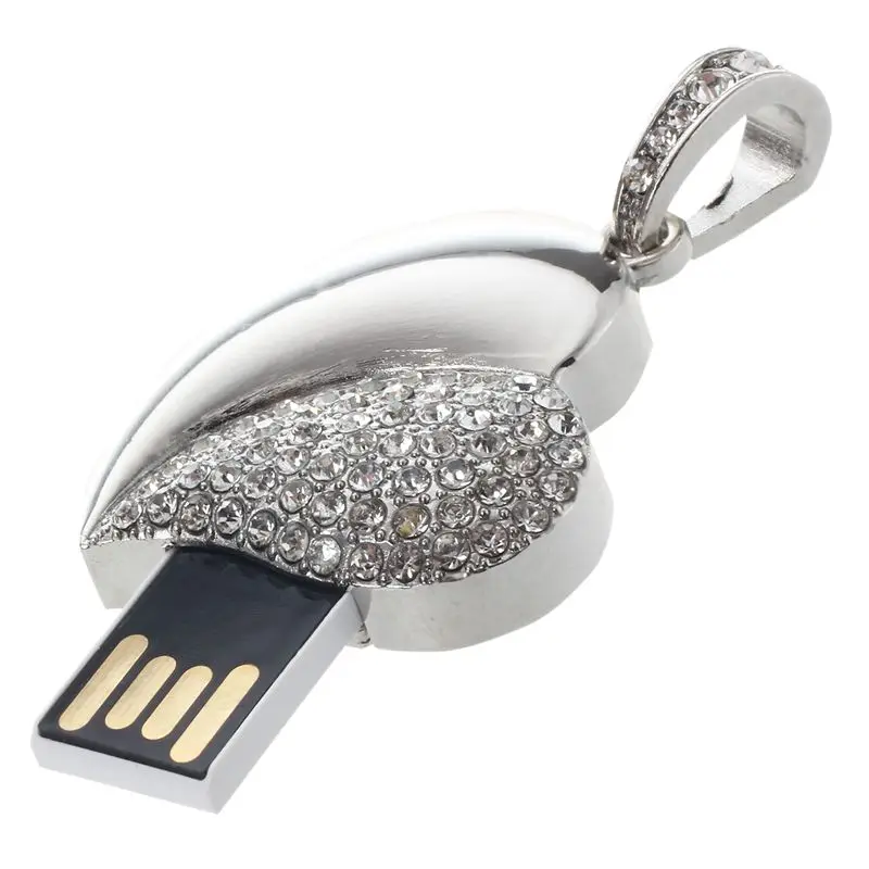 Серебряный 8GB USB в форме сердца кристалл флэш-устройство из алюминиевого сплава и бриллиантовый кристалл с цепочкой
