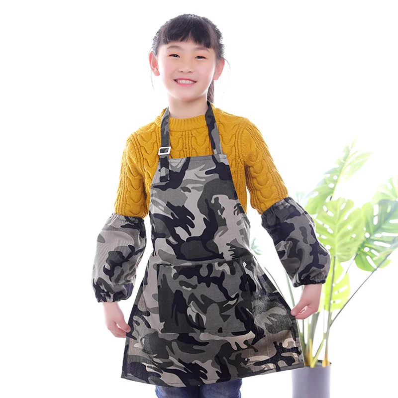 

Children Camouflage Apron Painting Clothes Baby Men And Women Children fang wu zhao Belt Cuff Protective Clothing Bib Set
