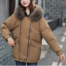 2021 Winter Clothes Women Jacket Parkas Big Fur Collar Tooling Parker Coat Women Button Pocket Zipper Tops Solid OL Woman Parkas