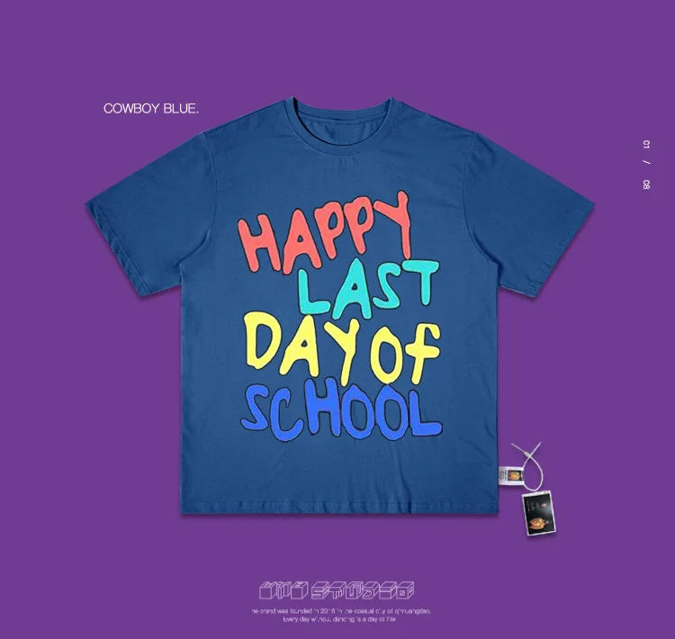 Ins/футболка с короткими рукавами; цвет радуги; с надписью «Happy последний день школы»; ручная работа с героями мультфильмов