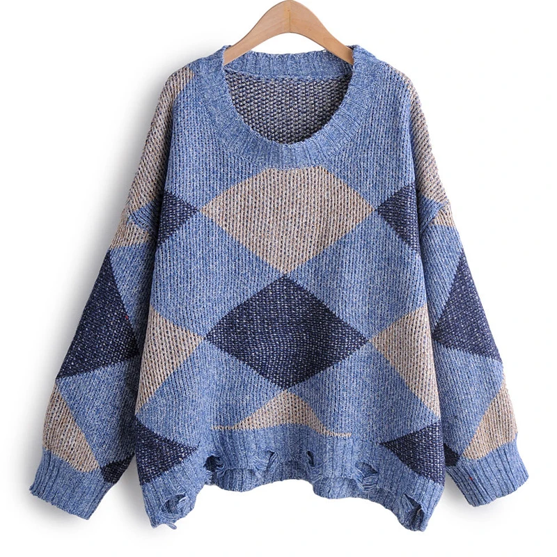 Sweater 2019 women's sweater fashion lattice worn out charming O-neck pullover sweater elegant women's youth student pullover Sweater 2019 women's sweater fashion lattice worn out charming O-neck pullover sweater elegant women's youth student pullover