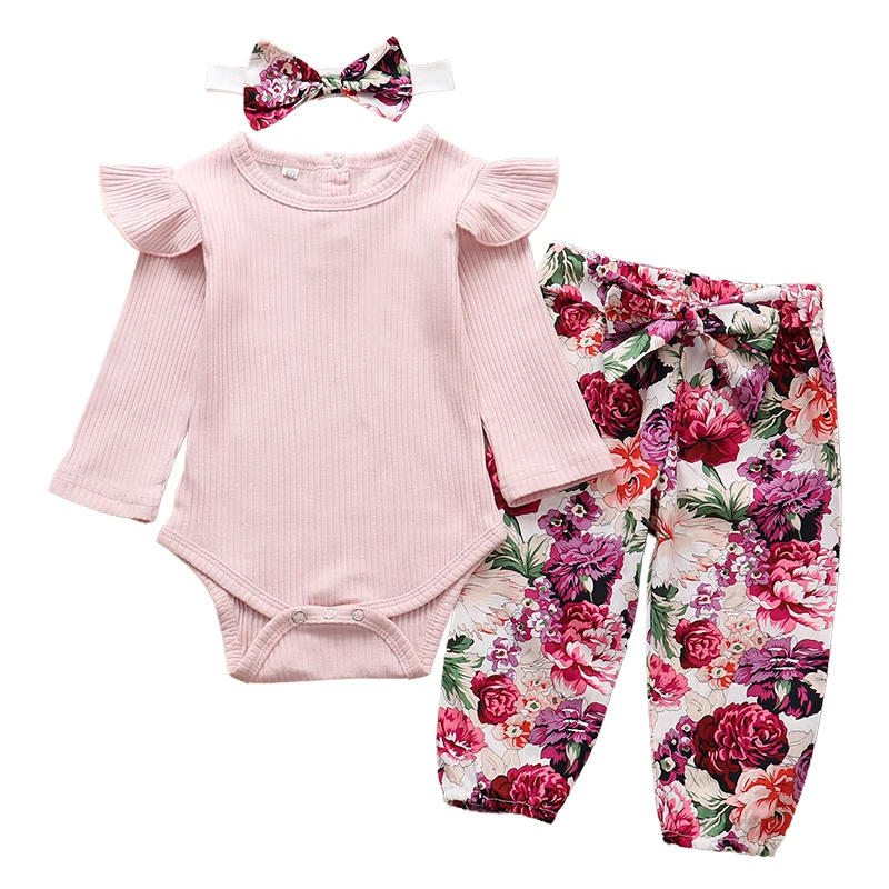 Newborn Baby Girl Clothes Set Fashion Autumn Toddler Outfit Solid Color Romper Pants Headband Little New born Infant Clothing warm Baby Clothing Set Baby Clothing Set