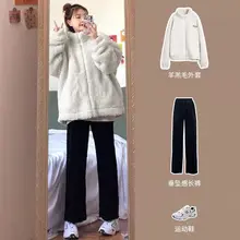  Women Sets Autumn Winter Solid Stand Collar Jackets Korean Style Thickening Loose Leisure Full Length Pants All-match Female New 