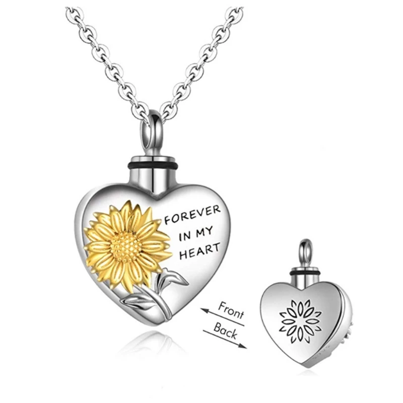Sunflower Heart Shape Cremation Urn Necklace for ashes Memorial Pendant Jewelry