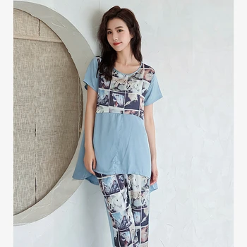

Silk Pajama Sets Pjs Loungewear Women Pijama Mujer Home Clothes Autumn Spring Printing Satin Pajamas Pyjamas Sleepwear Sleep Set