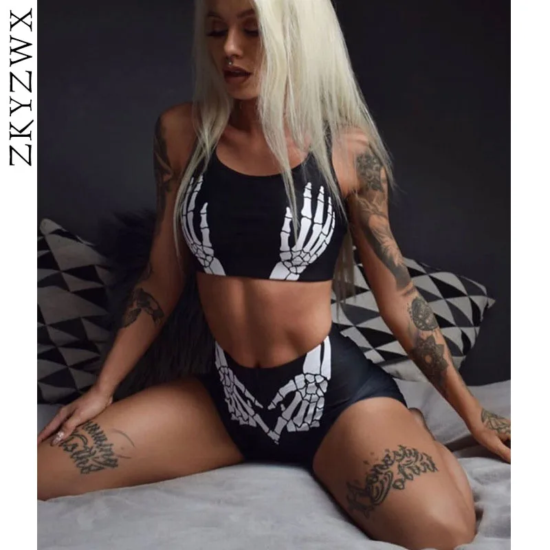 

ZKYZWX Pattern Print Two Piece Set Sleeveless Crop Tops and Shorts Matching Sets Streetwear Sexy Casual Sports 2 Piece Outfits