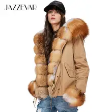 JAZZEVAR 2019 nouvelle mode femmes luxueux grand réel fourrure de renard col de manchette à capuche manteau court Parkas Outwear veste dhiver 