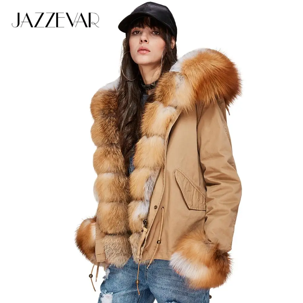 JAZZEVAR 2019 Новая модная куртка женская роскошная большая с натуральным лисьим