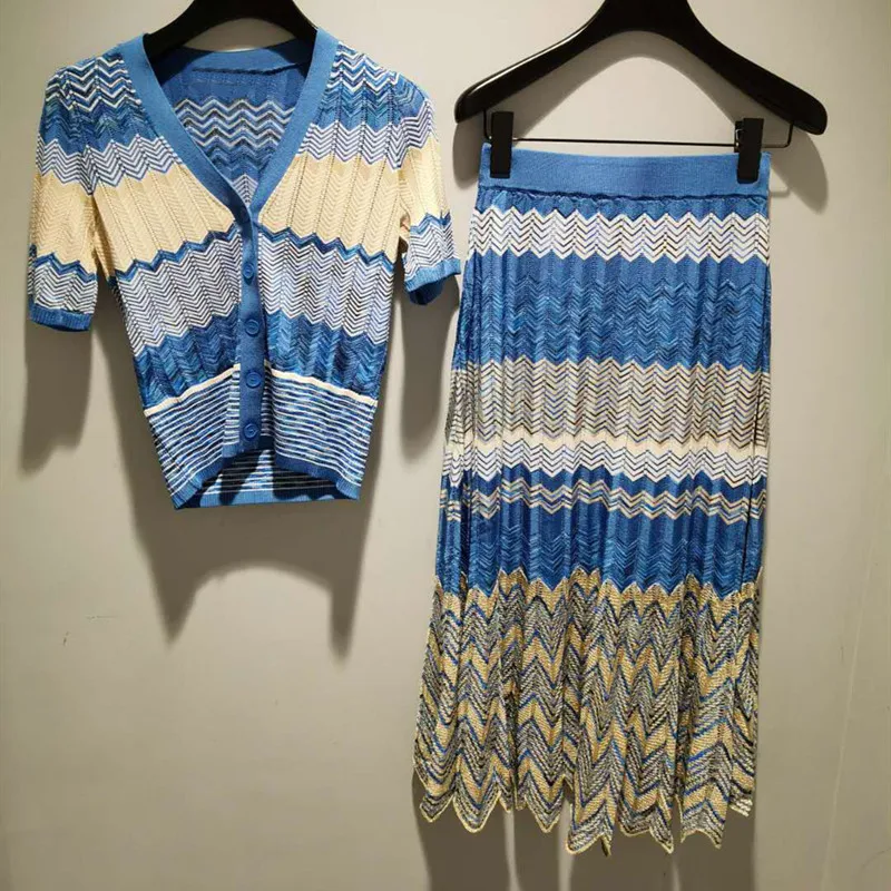 

Women's Knitted Set V-neck Single Breasted Short Sleeve Wave Striped Short Cardigan and Pleated Elastic Waist Midi Skirts