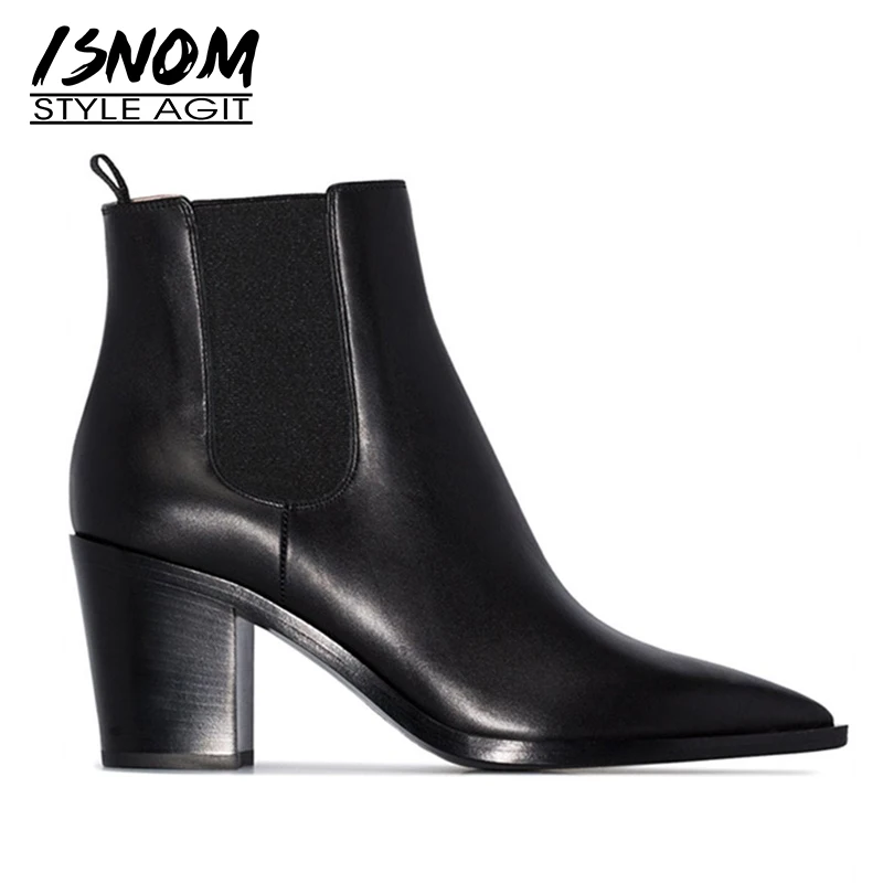 

ISNOM High Heels Ankle Boots Women Cow Leather Chelsea Boot Pointed Toe Shoes Female Fashion Elastic Shoes Ladies Winter 2020