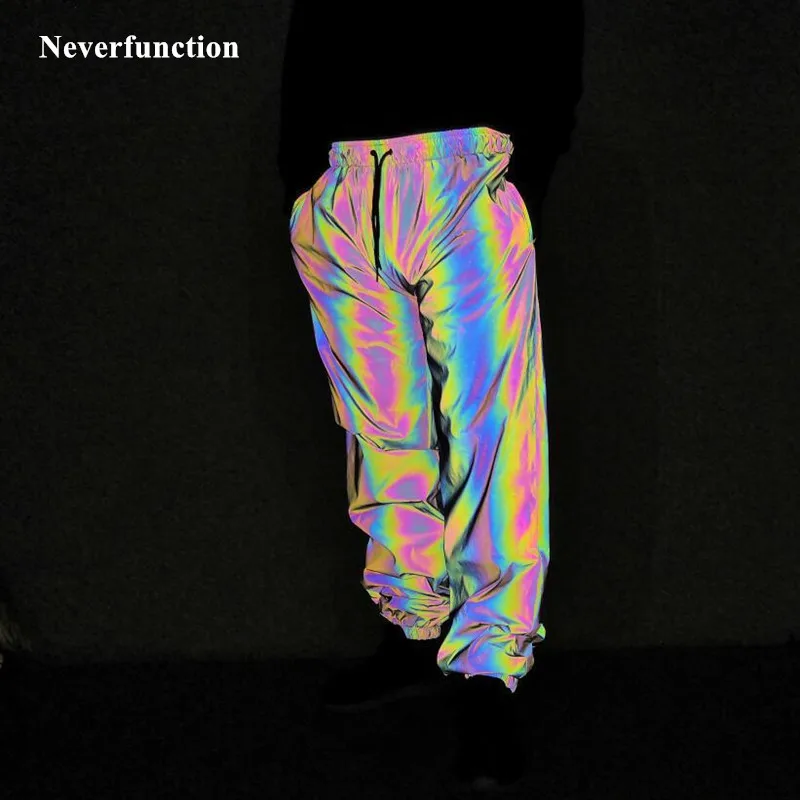 

2019 Men Streetwear Night Dance full Colorful Reflective joggers Pants Harajuku Hip Hop Elastic waist waterproof sweatpants