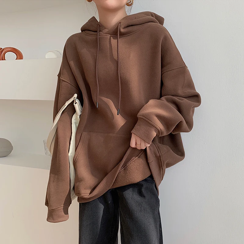 

Women Fleece Solid Color Hoodie Pullover Sweatshirt Autumn Winter Brown Warm Hooides Loose Pocket Casual Tops Female Sweatshirts