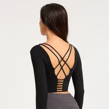 Luobolan сексуальная спина выдалбливают Спагетти ремень Йога Женская рубашка с длинным рукавом для спорта Фитнес Спортзал Бодибилдинг укороченный топ с подушечкой
