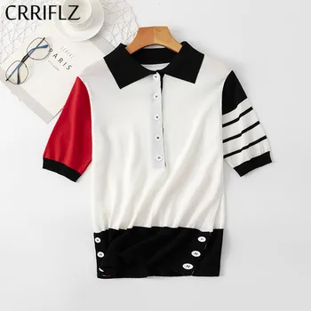 

Spring New Wild Casual Short Turn-down Collar Button Knitted Patchwork Regular Polyester CRRIFLZ