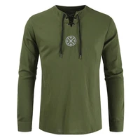 Mężczyźni koszula Plus Size Top starożytnych Viking haft Lace Up V Neck z długim rękawem koszula Top dla mężczyzn odzież 5