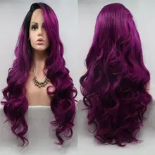 Черные корни Омбре фиолетовый объемная волна Синтетический кружевной передний парик Термостойкое волокно свободная часть натуральные волосы для моды Wom
