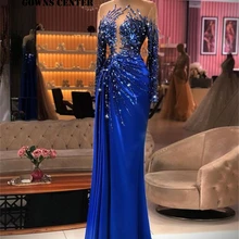 Sparkly royal azul manga comprida vestidos de noite de luxo 2021 sereia formal noite vestido de jantar vestido de festa para mulher