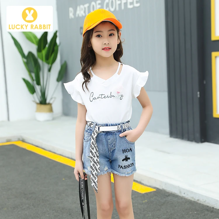 Cheap Summer Children Girls Clothes Ruffle Sleeve White T-shirt Two Piece Outfits Short Denim Pants Clothing Sets For Girls
