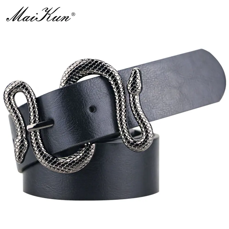 Maikun ремни для женщин змеиная Форма булавка пряжка ремень высокое качество кожаный женский ремень - Цвет: Black-black