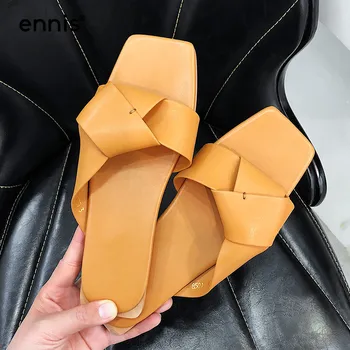 

ENNIS Brand Summer Slippers Women Genuine Leather Flat Slides Fashion Designer Ladies Slippers White Yellow Black Shoes M0018