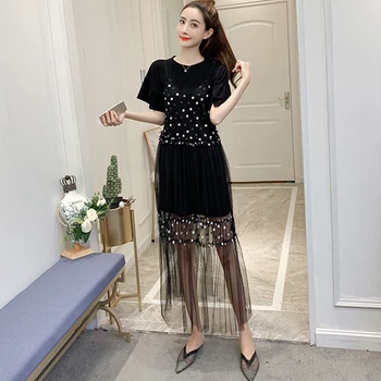 

L-5XL Plus size dress Sets 2020 Summer Solid Long T-shirts+Spliced Mesh spaghetti straps 2 Piece Dress Set