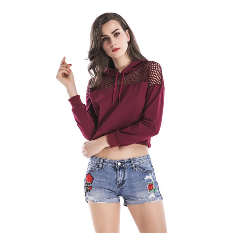 

2020 Women Spring Autumn umbilical cord short hollow Long Sleeve Pullovers Ladies Hooded Gauze Sweatshirt Tops Female
