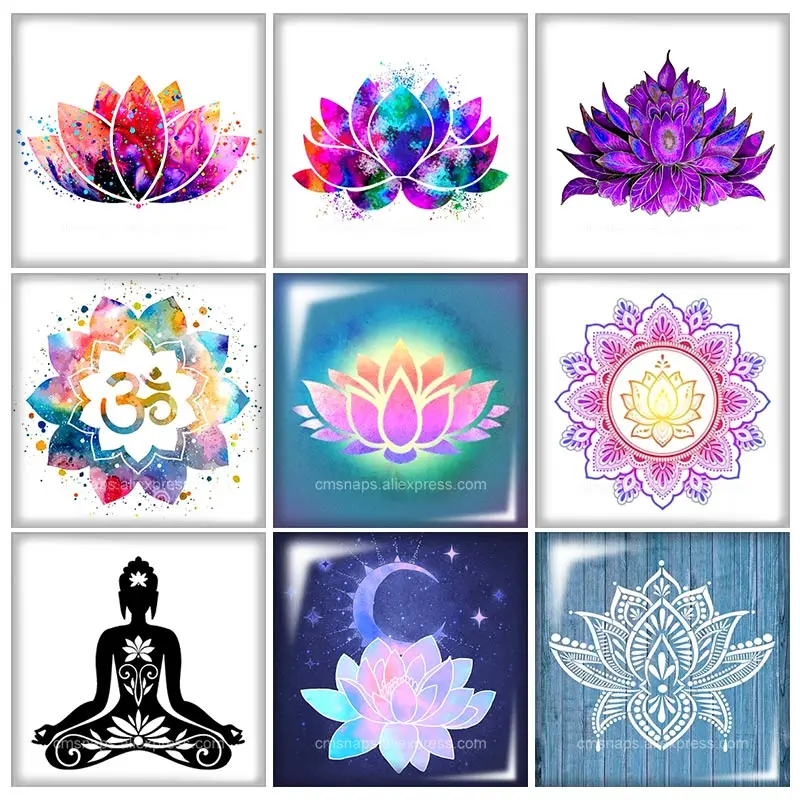 

religious lotus yoga Hand of Fatima Evil eye Square12mm/20mm/25mm/30mm glass cabochon flat back DIY Jewelry Findings Components