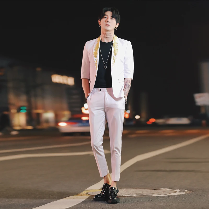 tops+ Pants) Summer British Style Suit Male Korean Version Of The Hair Stylist Personality Embroidery Night Field Sleeve Suit
