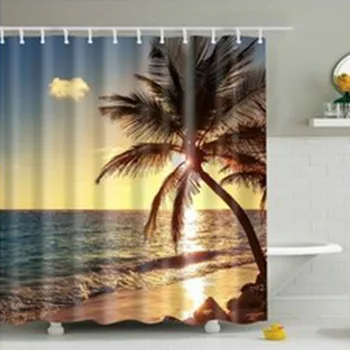 

Summer Shower Curtain Digital Printing Hawaii Square Tree Beach Waterproof Fabric Home Hotel Bathroom Decor Large Polyester