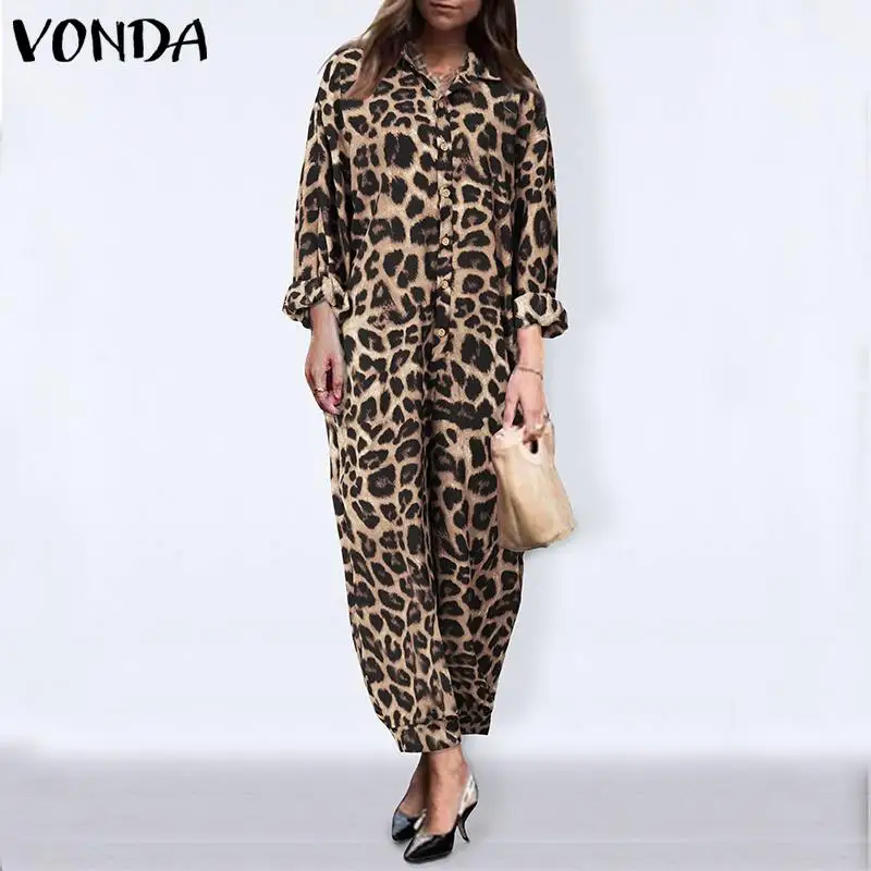 

Casual Leopard Jumpsuits Women Autumn Spring Rompers VONDA Loose Women's Long Sleeve Vintage Overalls Oversized Pants S-5XL