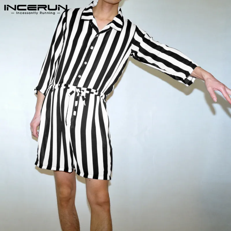 INCERUN, летняя мода, Мужской Ретро стиль, в полоску, 3/4 рукав, с отворотом, комбинезон, Повседневный, Джокер, свободный, уличный пояс, мужской комбинезон, Комбинезоны для бега