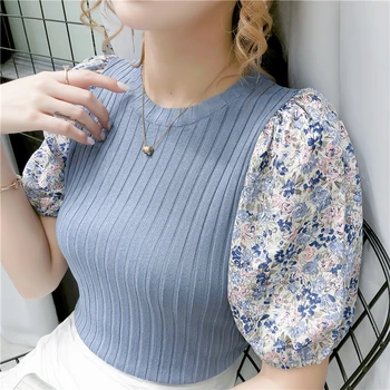 

Women O-Neck Patched Short Puff Sleeve Thin Knit T-shirts Girls Knitting Large Elastic Patchwork Tees Tops Summer Female Tshirt