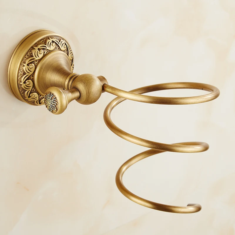 Antique Brass Carved Bathroom Accessories Set Towel Shelf Towel Holder Toilet Paper Holder Rock Hook Bath Hardware Sets - Цвет: Hair Dryer Holder