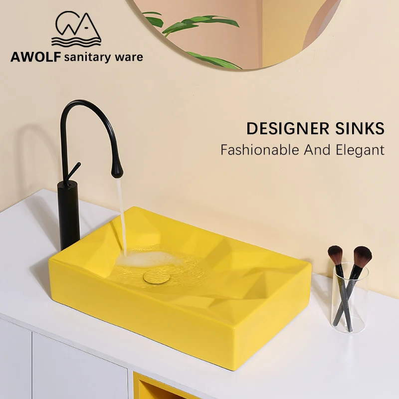 

Bathroom Sinks Ceramic Vessel Geometric Design Washing Basin Bowl Matte Yellow Above Counted With Drain Soft Hose Modern AM926
