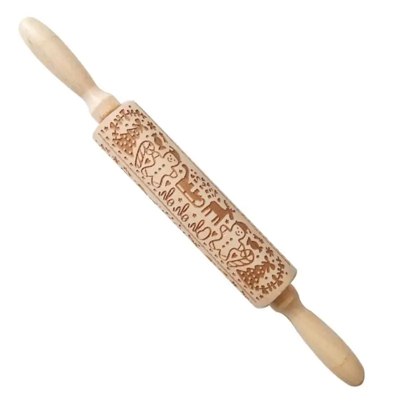 Christmas Rolling Pin Wooden Christmas Engraved Carved Embossing Rolling Pin Dough Stick Baking Kitchen Pastry Tool