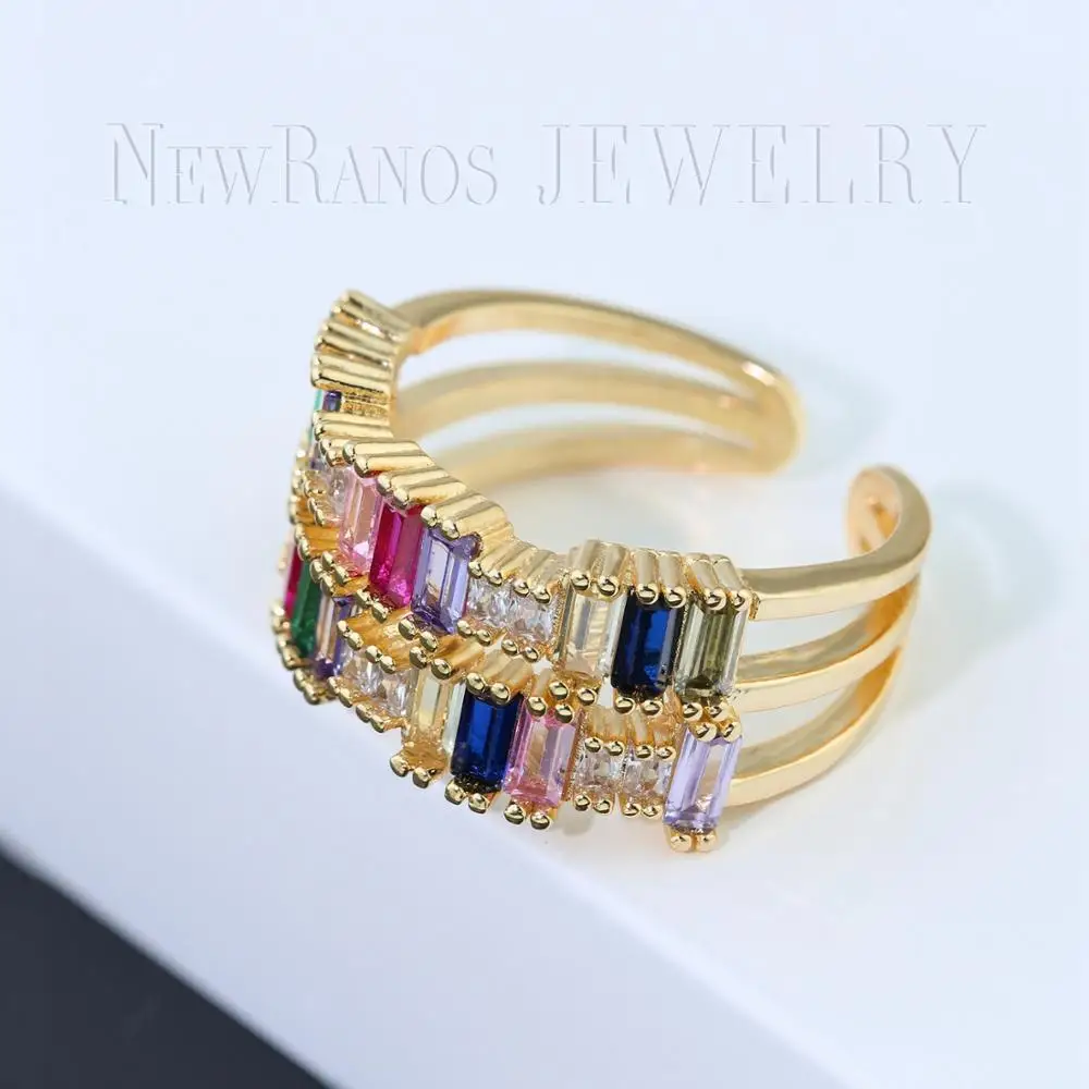 

Newranos Rainbow Baguette Ring Women Multilayer Open Ring Multi Color Cubic Zirconia Anel for Women Fashion Jewelry RYL001804